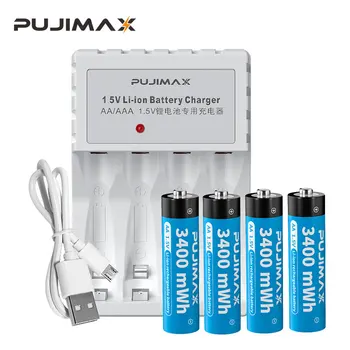 PUJIMAX 4-Слотное Умно Литиевое Зарядно + 4шт AA от 1,5 3400 МВтч Оригинална литиево-йонна Акумулаторна батерия за Фенерче-Будилник