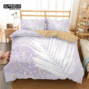 Комплект спално бельо от пера, размер King Queen за възрастни, интериор на детска спални, пухени с геометричен принтом листа, одеяло от микрофибър