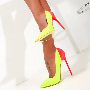 Пикантен дамски обувки на висок ток с цветни блокчета, жълти обувки, розови дамски модел обувки на токчета с остри пръсти, с размер 10, модни дамски обувки за банкет