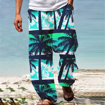 Мъжките ежедневни панталони, ежедневни облекла, кокосови палми, 3D панталони пълна дължина, пролетни панталони с джоб на съвсем малък до средата на талията, градинска дрехи отдолу