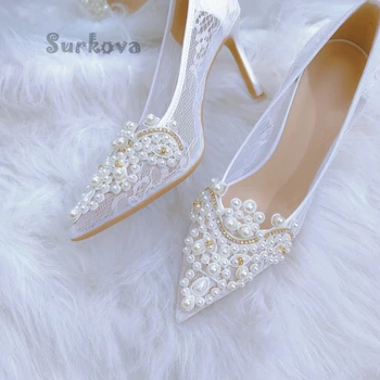Женските сватбени обувки с перлената мрежа, бродерии, пайети, обувки за сватба-лодка 2023, лятна рокля с остри пръсти, банкетни обувките на тънък висок ток