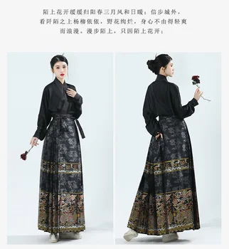 Китайски дамски обувки Hanfu с ръкави-самолети в стил Танг и Хан, пълномаслено ширити, златен грим, пола с цветен модел, лошадиное лицето, ежедневно пътуват до работа
