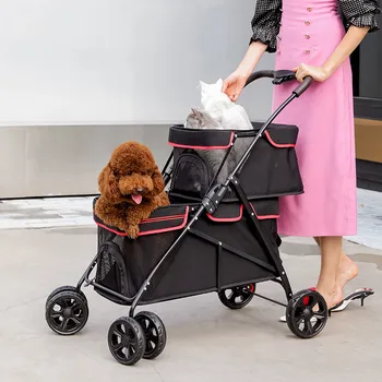 Продажба на едро, двойна количка за домашен любимец, котка, куче, сгъваема 4-колесната переноска за пътуване