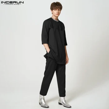 INCERUN / Нови Мъжки комплекти в мюсюлмански стил, тениски с 3/4 ръкави, Дълги Панталони, Модерни Мъжки Обикновена комплекти от две части с пискюли и принтом, S-5XL
