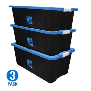 Пластмасов контейнер за съхранение с капаче на 40 литра, черен с тъмно син капак, комплект от 3