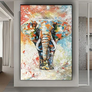 100% Ръчна изработка, голямо животно, фигура на слон, модерна стенни картини за дома за рисуване, платно, боядисване, нож, маслени бои, декорация за хол