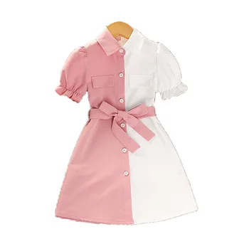 2023 Нова детски дрехи, лятна рокля-риза с къси ръкави в стил мозайка за момичета, корейска рокля за момичета