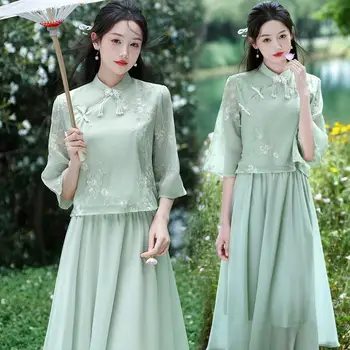 Елегантен летен зелен супериорна чонсам с бродерия, модни върхове в Дзен стил, пола, рокля на шаферка в китайски стил Hanfu за жени