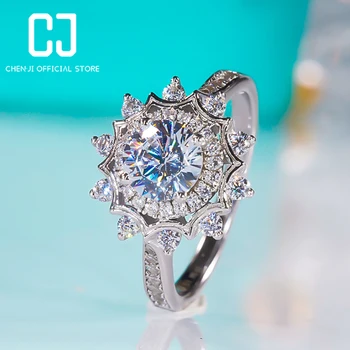 Снежинка Нов пръстен с муассанитом D-цвят от сребро 925 проба с платинен покритие за жени, пенливи луксозен пръстен с диамант, фини бижута