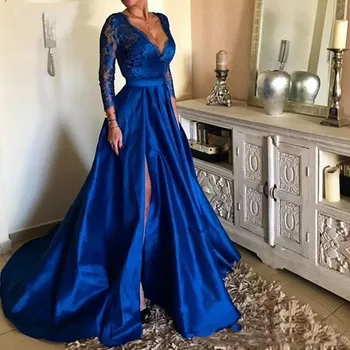 2022 Кралско синя рокля за бала по-големи размери, секси дантелено рокля с V-образно деколте и дълъг ръкав, официални рокли с цепка, арабско дубайское вечерна рокля