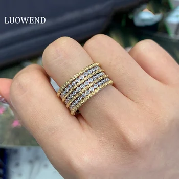 Пръстен от жълто и бяло злато 18 Карата LUOWEND пръстен с естествен диамант модно резное тренировка с редовете на чудесно за женската сватба, годеж