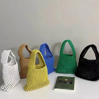 Новата плажна чанта на една кука за момичета Лятна слама въже выдалбливают ръчно изработени чанти Дамски куха вязаная чанта