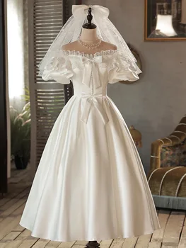 Реколта булчинска рокля трапецовидна форма от бял сатен за булката с открити рамене, вечерна рокля Vestido De Новия