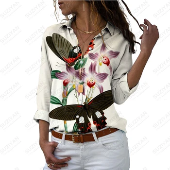 Дамски Ежедневни Риза с 3D Принтом Lotus Bird, Пролетта Улично Рокля с Дълъг ръкав, с Модерна Риза, Спокоен Всекидневни Женски Топ, Темперамент
