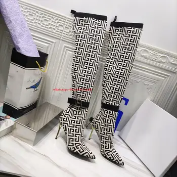 Пикантен дамски дизайнерски ботуши-носочки с метални катарами и остри пръсти, зимни ботуши-носочки над коляното с остри пръсти и катарама за колан, дамски ботуши-носочки