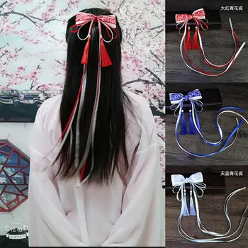 Нов Ретро китайски стил, синьо-бели порцеланови лъкове, лента, шнола за коса, женски четката Hanfu, аксесоари за коса, детска шнола за коса