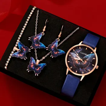 5 бр./компл., дамски модни кварцов часовник с пеперуда, фирмен дизайн, дамски часовници с кожена каишка, дамски ежедневни часовници Reloj Mujer