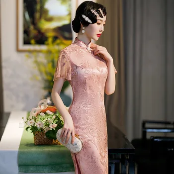 Лятото е розово дантелено рокля ципао да се изяви на модния подиум, банкети, расшитое мъниста китайското традиционно вечер сватбена рокля ципао за жени
