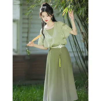 2023 Летен комплект с къса пола, елегантен ретро-леко подобрение, китайското традиционната рокля Hanfu Зелена комплект с къс ръкав