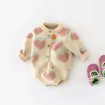 Есенна сладък дрехи FINEPAT за малки момичета, пуловер с плодове и гащеризон от 2 теми за деца