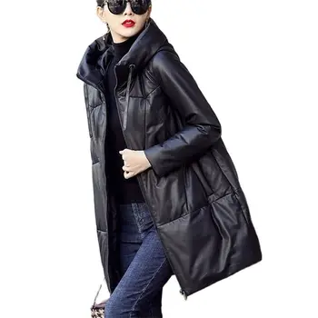 Черен памучен яке от изкуствена кожа, дамски новост зимата 2023, свободно палто с качулка, изолирана зимни паркове, топло дамско дълго кожени палта