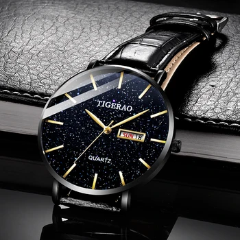 Автоматични часовници мъжки водоустойчив светещи кварцов часовник модни звездното небе черна технология dual календар
