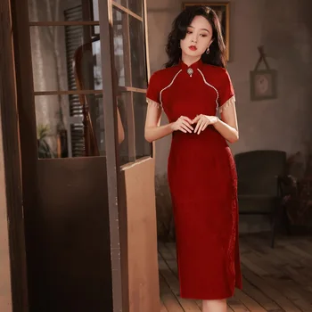 Yourqipao Червен китайски Чонсам, дрехи за изпичане на участието, пола Ханфу, костюм Тан, женски коледни вечерни рокли