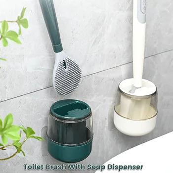 Четка за тоалетна с дозатор сапун, многократна употреба домакински препарат за почистване на тоалетни, без мъртвия ъгъл, компактен, четка за тоалетна с основание