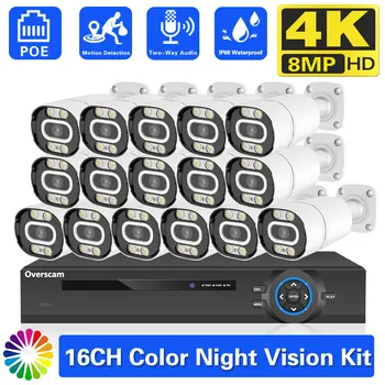 Система за видеонаблюдение 4K POE, 8-мегапикселов видеорекордер Ultra HD 16CH, двупосочна аудио, цветно нощно виждане, външно видео наблюдение, набор от камери за видеонаблюдение