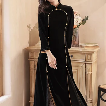 Яка-часова ретро мозайка рокля Рокля Qipao бархатное черна дълга рокля в китайски стил женствена рокля за сватбени партита