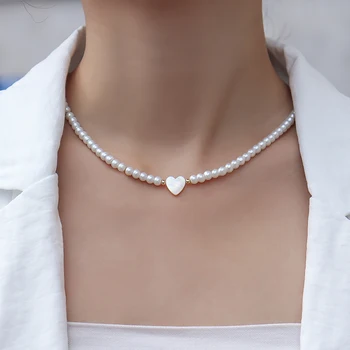 Колие с инициали от изкуствени перли във формата на хубаво сърце за жени, лични яки, регулируема колие със закопчалка от неръждаема стомана, нова корейската мода