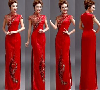1 бр./лот, китайски дълъг женски чонсам с висока цепка, червен чонсам с бродерия, дълго атласное рокля с къс ръкав
