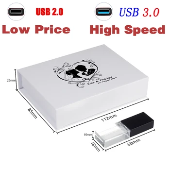 Бяла Хартиена Кутия + Кристал USB Флаш памет от 64 GB Флаш-памет и 128 GB Висока Скорост Изберете 3.0 Ниска цена, Изберете 2.0 Memory Stick Безплатно ЛОГО