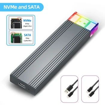 Кутия за твърд диск M. 2 NVMe SATA RGB Външен SSD-адаптер M/B + MKey USB-A USB C От алуминиева сплав С UASP поддръжка и довършителни работи