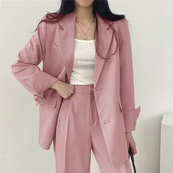 Комплекти от две части, дамски комплекти от демисезонного блейзър, палта, корейски модерен комплект, брючный костюм, розова офис женски сако от костюм