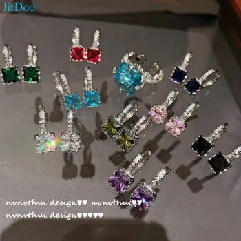 JitDoo 2023, нови бижута от сребро 925 проба със скъпоценни камъни, обеци квадратна форма за жени, дъга, аметист женски ушни капки, подаръци за годишнина