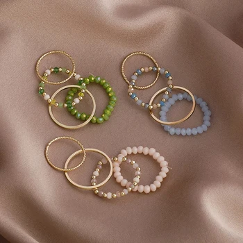 4 бр., набор от годишни пръстени с кристални мъниста за жени, Богемные свежи цветни мъниста, пръстени за пръстите на еластичната нишка, 2023 корейски бижутата