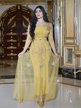Ближневосточное рокля с дълга опашка, халат за баня с диаманти, завързана дреха с пузырчатым ръкав, жълта рокля-тромпет