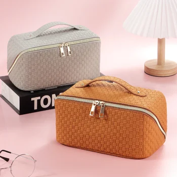 Пътна чанта за баня от изкуствен ратан, дамски богат на функции косметичка голям капацитет, преносима чанта за пътуване, дизайнерска чанта за дома