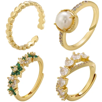ZHUKOU 4 стила дамски пръстени месингови отваряне на цветя зелени камъни регулируеми пръстени за момичета просто Сърцето двойка пръстени на едро VJ514