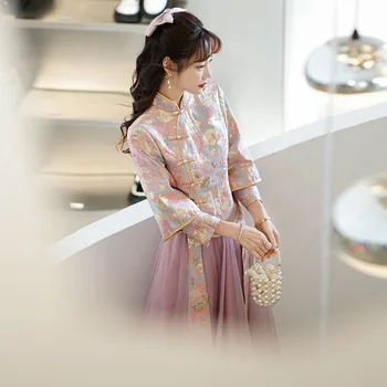 Китайското традиционно сватбената рокля на шаферка 2023, розови комплекти костюми Cheongsams Long Hanfu Tang, вечерни рокли за жени