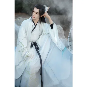 Ориенталски елегантен бял костюм Hanfu с преминаването яка и бамбуковым принтом с голям ръкав, 3 бр., мъжки дрехи, традиционен китайски костюм за cosplay