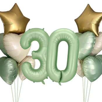40-инчов Зелен Набор от Балони с Цифри, Бежово Балони във формата на Сърце за 30 40 50 60 Възрастни, честит Рожден Ден, Детски Вечерни Украса
