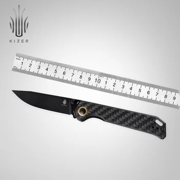 Джобен нож Kizer V4458.2N1 Begleiter 2 с Черна Дръжка от Въглеродни влакна и острие от стомана N690, Открит ЕРП-нож, проектиран Азо