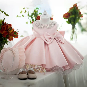 Бебешка рокля на принцеса, бяла сватбена рокля с атласным лък за деца, дрехи за рожден ден, рокля за кръщаване на новородени, дрехи за момичета