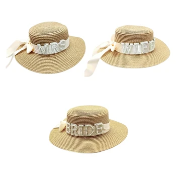 Дамска сламена шапка на булката, солнцезащитная шапка, дишаща шапка с писмото перли за сватбени партита, лятна шапка за моминско парти