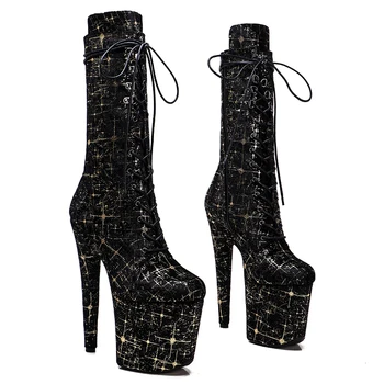 Leecabe/ блестящи златисти обувки с черна звезда, на върха на 20 см/8 инча, вечерни обувки на висок ток, ботильоны за танци на един стълб