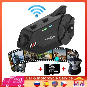 Freedconn R1 Plus Wifi Мотоциклет Видеорекордер DVR БТ 5,0 Групов разговор 6 Състезатели Домофон 1080P Каска Заседателна Слушалки