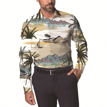Хавайска риза мъжки 3xl, свободни ризи, мъжка мода плажно облекло с принтом палми, топ, однобортная риза с кубински яка