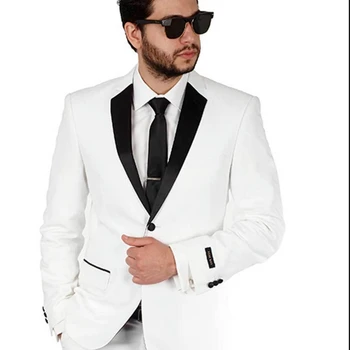 Бял оборудвана бизнес всекидневен костюм от 2 теми с черен и ревера, сватбен фрак младоженеца, официален мъжки костюм за парти (яке + панталон
